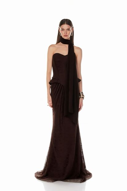 Brown Strapless Corset Lace Evening Dress